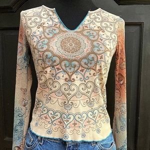 00s Semi Sheer Art Nouveau Mandala Print Top